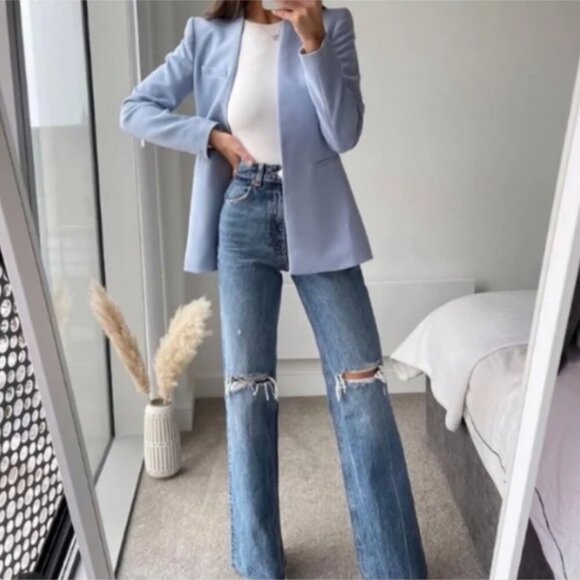 Zara Bloggers Fav Lapelless Fitted Blazer Blue M - Picture 1 of 16